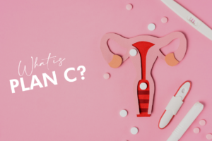 A graphic with birth control, a uterus icon, and the text "What is Plan C?" on it