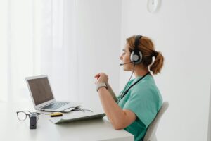 nurse in a telelhealth appointment talking about abortion pills